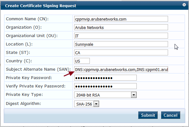 key generate by csr Alternative define creating one than How Subject CSR when DNS in more in Name(SAN) to ClearPass